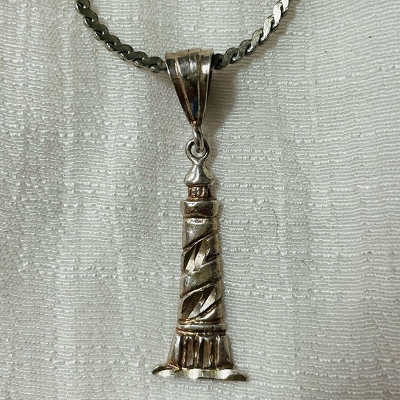 Vintage Stamped Sterling Lighthouse pendant necklace spring clasp 25”. - Picture 1 of 3